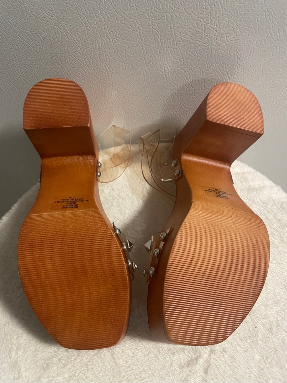 Madden Girl Clear Strap Platform Sandals - Tan Wood Heel - Picture 5 of 7